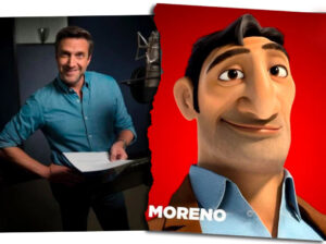 Raúl Esparza smiling at a microphone in a recording booth, beside his animated character Moreno