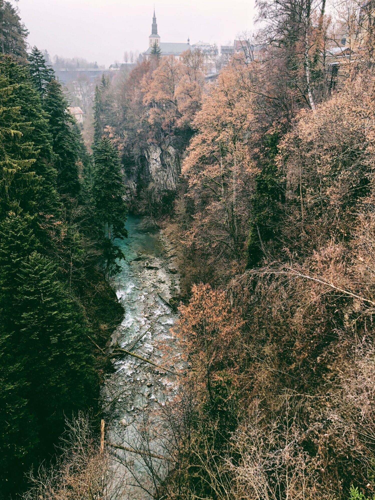 A turquoise river running through a narrow gorge, steep pine-covered walls rising on both sides