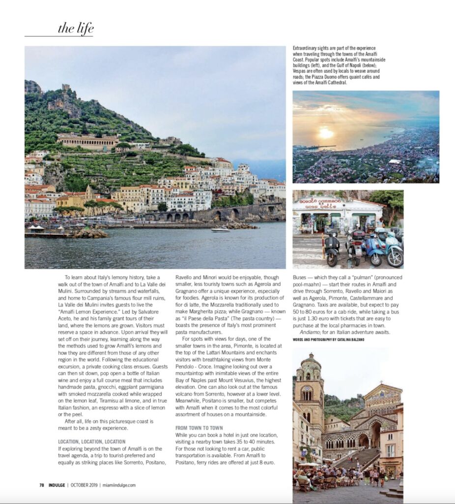 An Indulge magazine page with photos of Amalfi's coast, harbour and cathedral