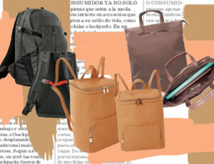 A collage of backpacks in black, tan and brown over a background of newspaper text