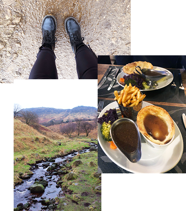 Three photographs together: black ankle boots on stone, a stream running through the moor, and a plate of pie, chips and gravy