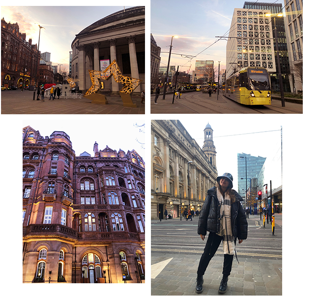 Four photographs of St Peter’s Square: the domed Central Library, a tram passing, a red-brick Victorian building lit at night, and Cata crossing the tram tracks