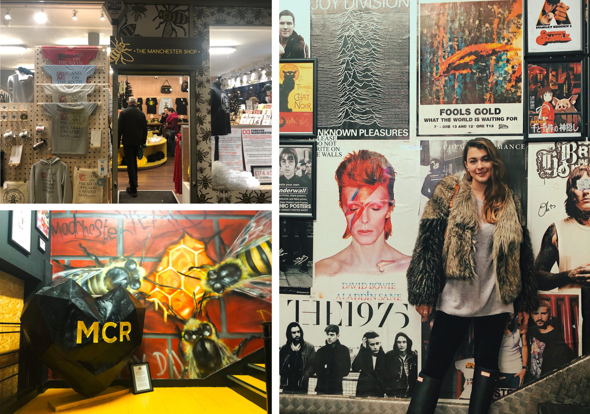 Four photographs of Afflecks Palace: shop interiors and walls covered in music posters, including David Bowie and The 1975