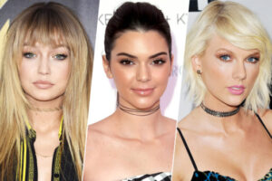 Three women wearing black choker necklaces: Gigi Hadid, Kendall Jenner and Taylor Swift