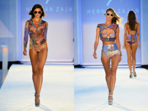 Two models in printed swimsuits and sunglasses on the Hernán Zajar runway