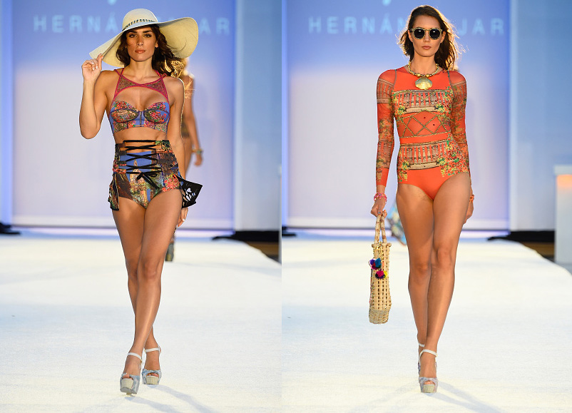Two models on the runway in a cut-out printed swimsuit and a long-sleeved orange swimsuit
