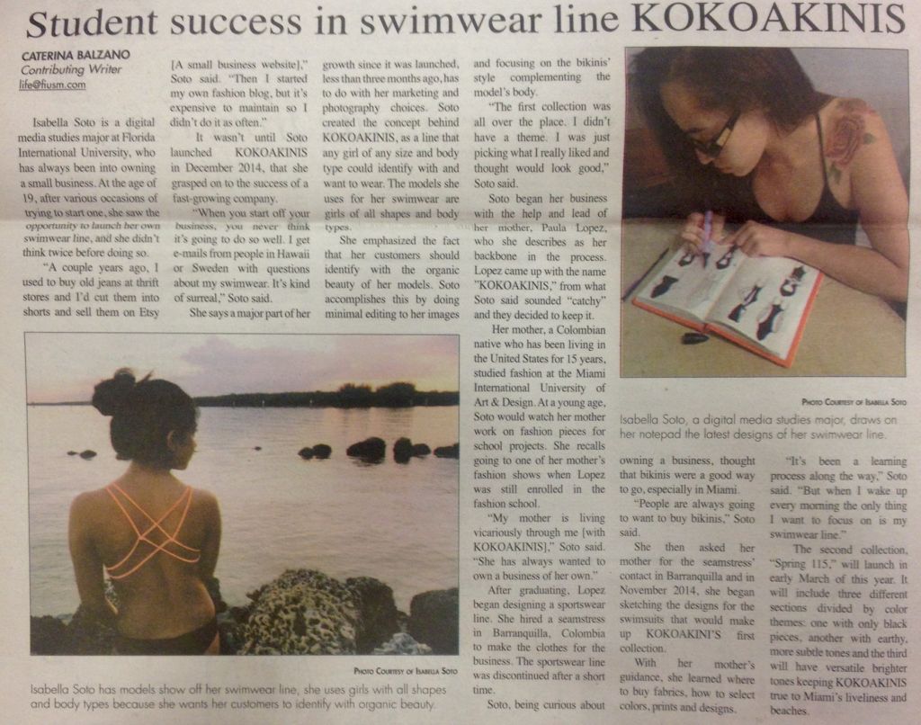 A newspaper clipping headed "Student success in swimwear line Kokoakinis"