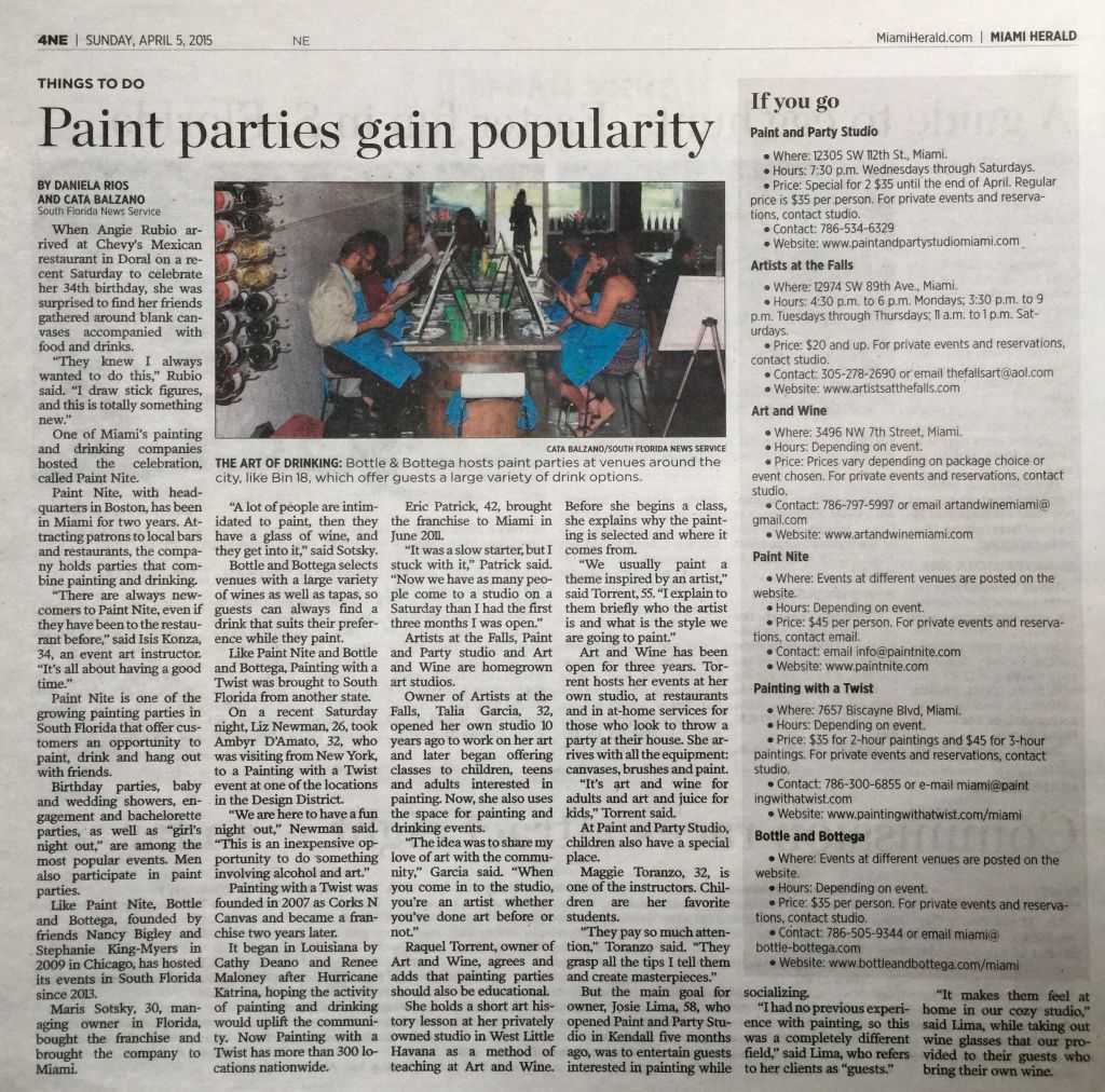 A newspaper clipping headed "Paint parties gain popularity", with a photo of painters