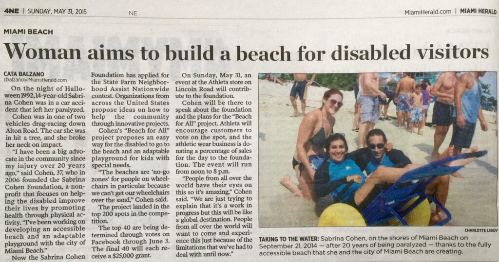 A newspaper clipping headed "Woman aims to build a beach for disabled visitors"