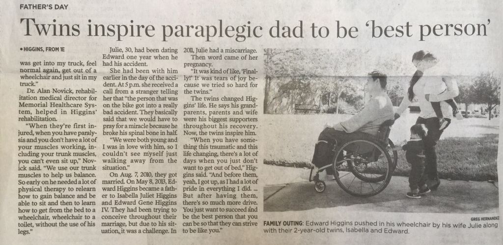 A newspaper clipping headed "Twins inspire paraplegic dad to be 'best person'"