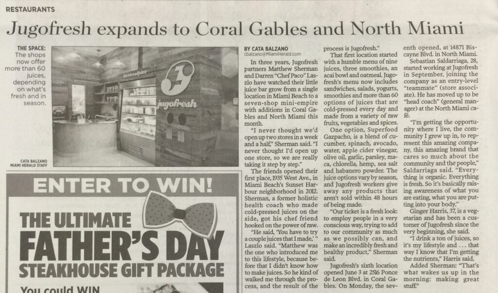 A newspaper clipping headed "Jugofresh expands to Coral Gables and North Miami"