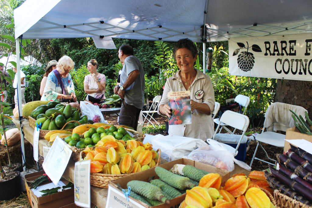 A smiling vendor selling star fruit, mangoes and other tropical fruit at a Rare Fruit Council stall
