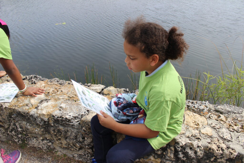A girl in a green T-shirt reading a worksheet on a rock by the water