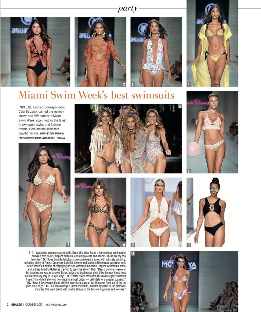 A magazine page headed "Miami Swim Week's best swimsuits", with a grid of runway photos