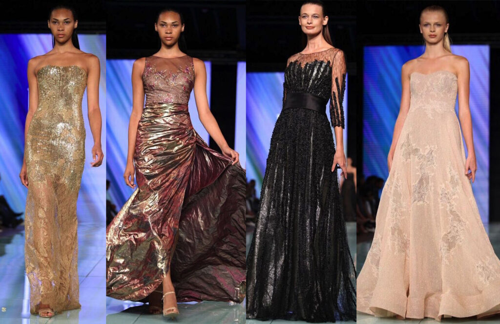 Four models in shimmering evening gowns in gold, bronze, black and blush