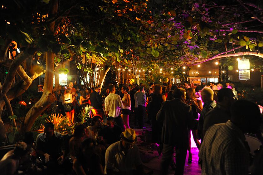 A crowded garden party at night under string lights and trees