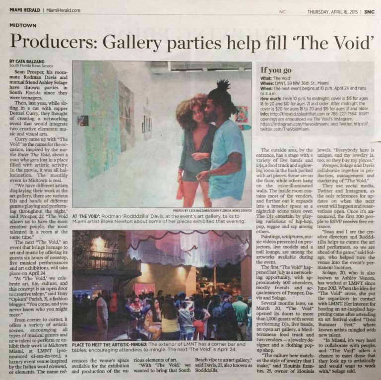 A newspaper clipping headed "Producers: Gallery parties help fill 'The Void'"