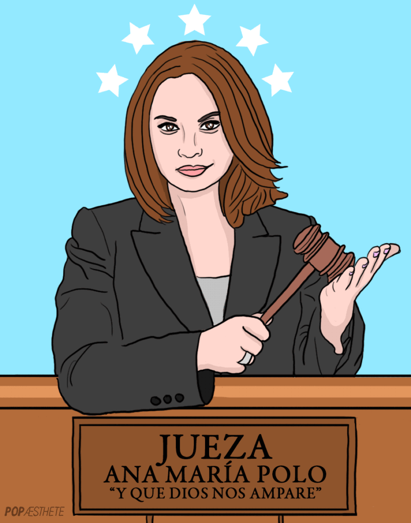 An illustration of Judge Ana María Polo banging a gavel at a bench marked "Jueza Ana María Polo"