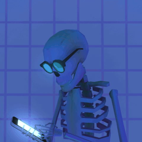A cartoon skeleton in glasses looking at a glowing phone, in blue light