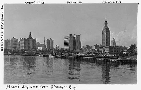 An old postcard of the Miami skyline from Biscayne Bay, in black and white