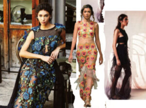 A collage of three models in embroidered, floral and sheer black gowns