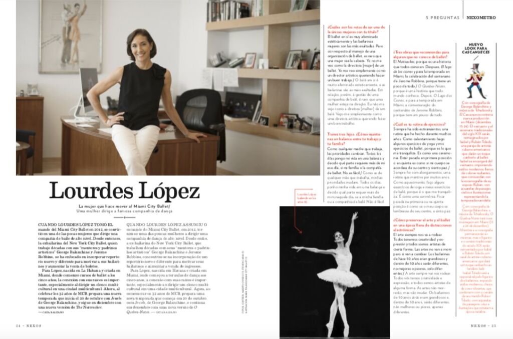 A Nexos magazine page headed "Lourdes López", with her office portrait and a ballet photo