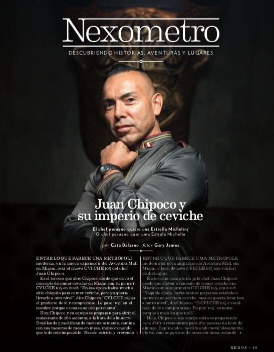 A Nexos magazine page headed "Juan Chipoco y su imperio de ceviche", with his portrait