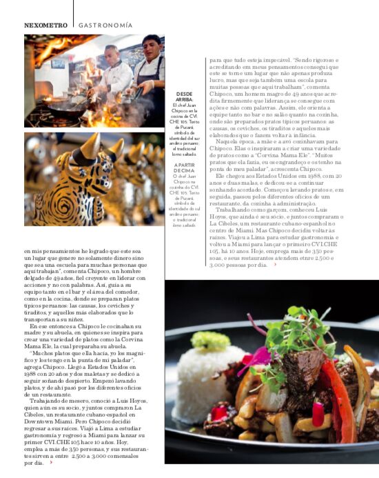 A Nexos magazine page with photos of a chef cooking and plated Peruvian dishes