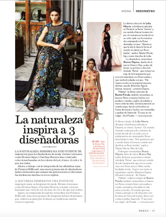 A Nexos magazine page headed "La naturaleza inspira a 3 diseñadoras", with photos of models in gowns