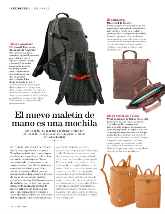 A Nexos magazine page headed "El nuevo maletín de mano es una mochila", showing several backpacks