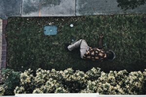 A person lying asleep on a patch of grass beside a hedge, seen from above