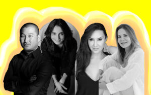 A magazine header with portraits of four hairstylists against a yellow background