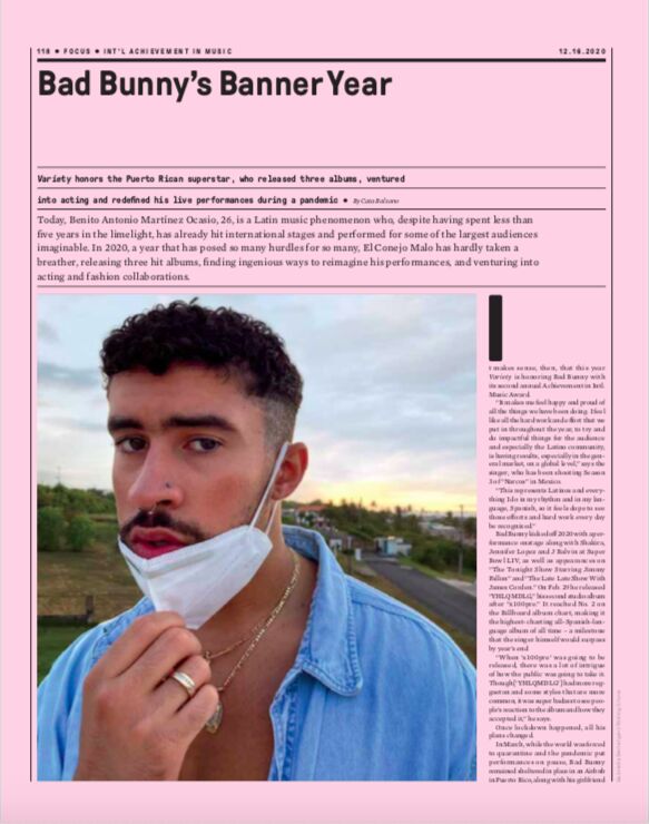 A Variety magazine page headed "Bad Bunny's Banner Year", with a photo of a man pulling down his face mask