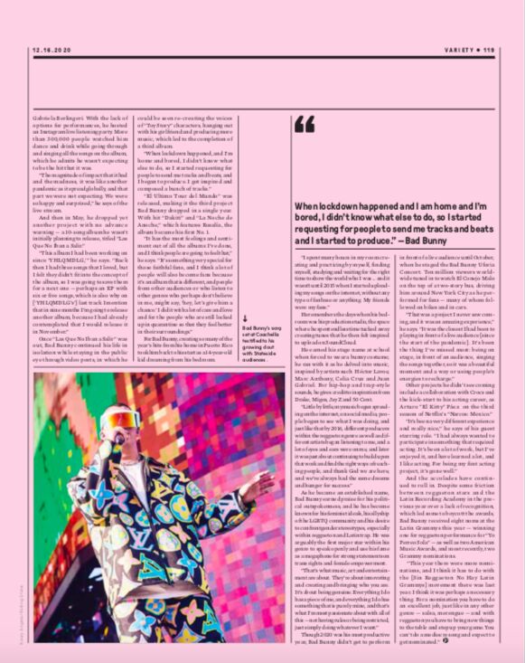 A Variety magazine page of text with a pull quote and a photo of a performer in a colourful suit