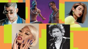A collage of five musicians' portraits, including a man in sunglasses, a shirtless rapper, a woman with a bob and a man playing guitar