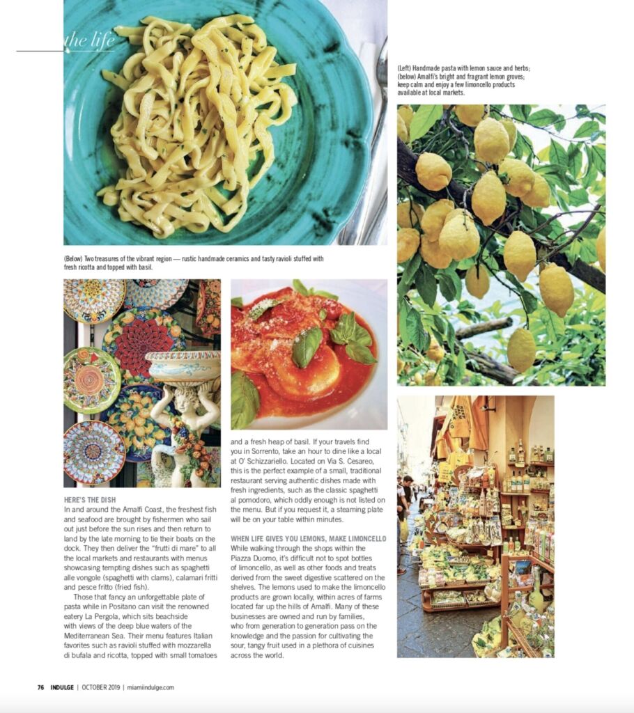 An Indulge magazine page with photos of fresh pasta, lemons, pastries and a food shop