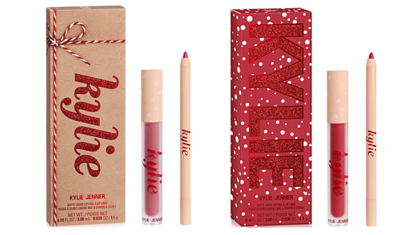 The O’Deer and Dashing matte lip kits, each a liquid lipstick and liner beside its holiday box