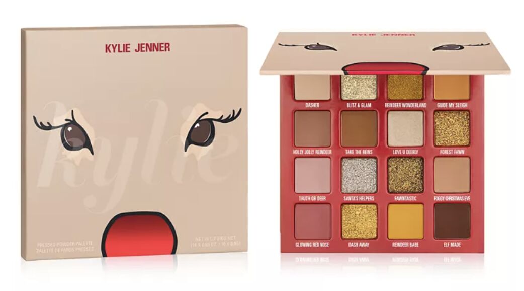 Kylie’s reindeer-faced Pressed Powder Palette, closed and open, sixteen shades from nude and brown to gold and silver glitter