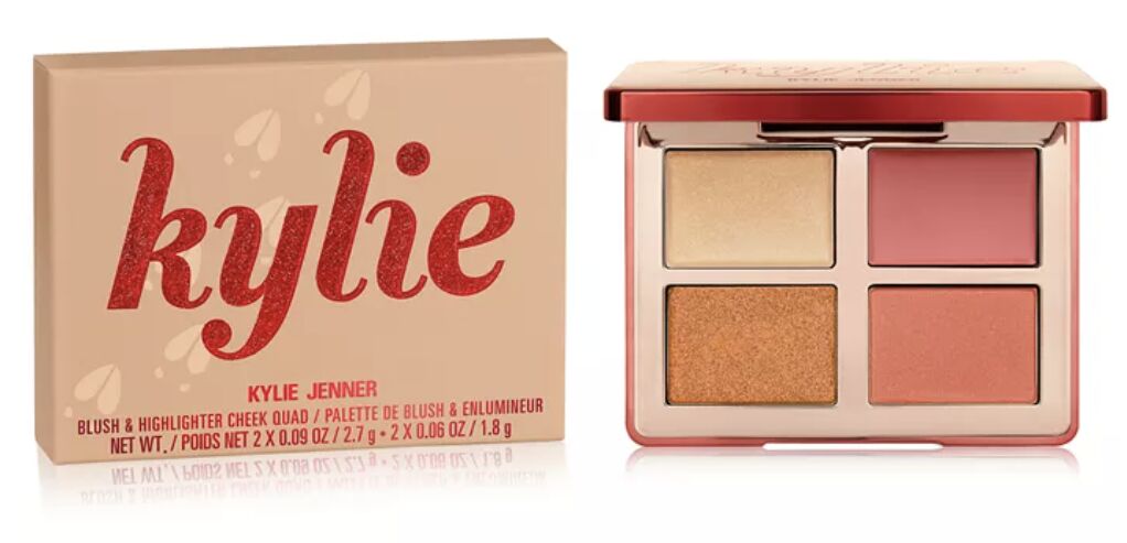 Kylie’s Blush & Highlighter Cheek Quad: a box and an open palette of gold, rose, bronze and peach